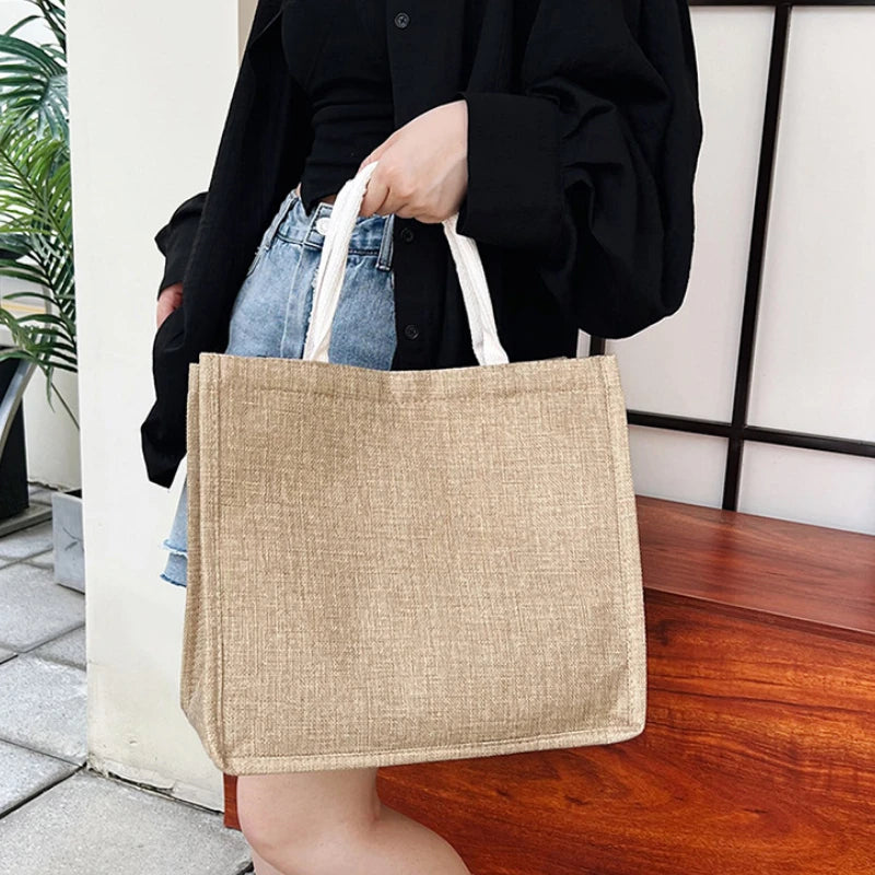 Vintage Women Shopping Bags Linen Tote Shopper Purses Large Summer Beach Handbags Portable Eco High Capacity Top Handle