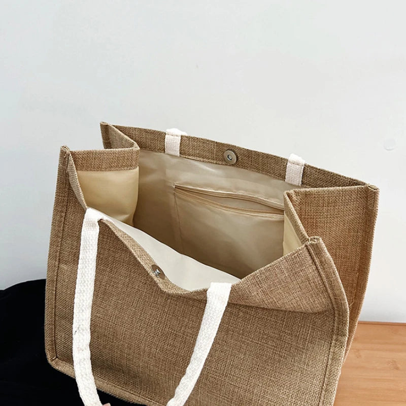 Vintage Women Shopping Bags Linen Tote Shopper Purses Large Summer Beach Handbags Portable Eco High Capacity Top Handle