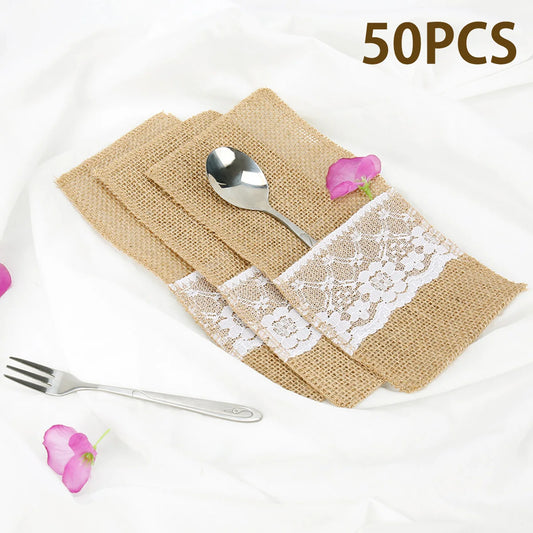 Burlap Lace Cutlery Pouch - 50 Pcs Tableware