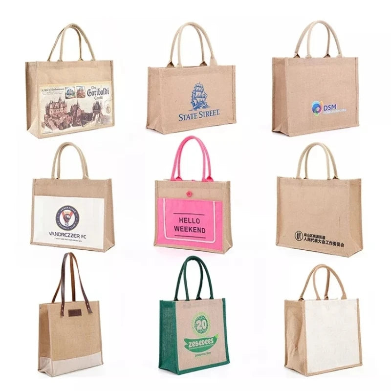 Wholesale 100PCS/Natural Burlap Jute Tote Bags Custom Logo Color Eco Friendly Grocery  Bags Reusable Jute Shopping Bag